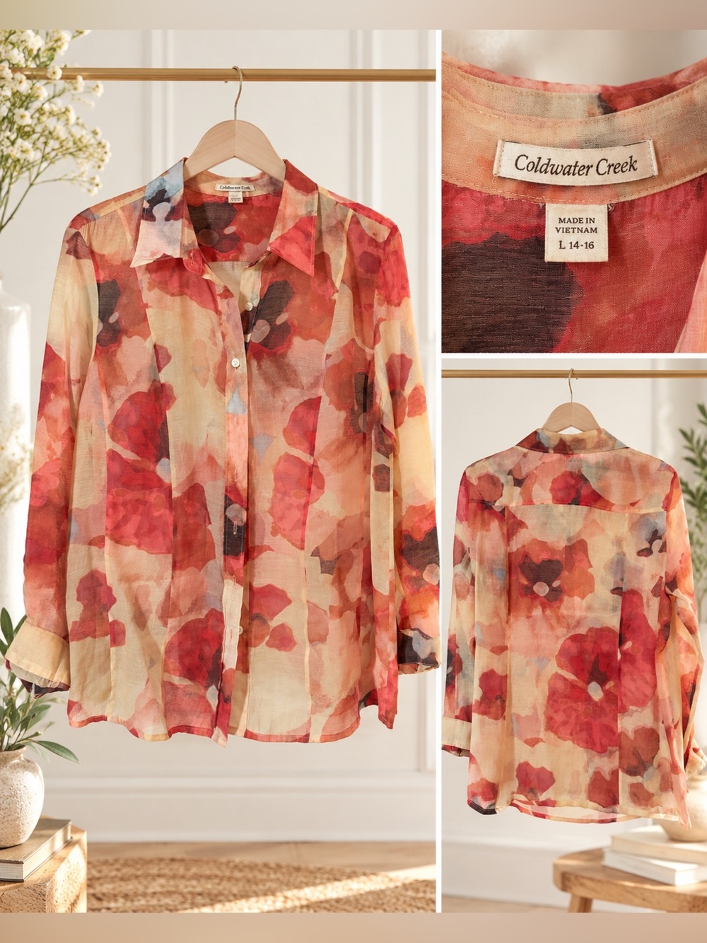 Coldwater Creek Watercolor Floral Button-Front Blouse – Large 14–16 - Picture 3 of 4